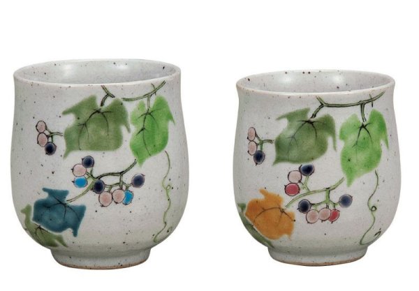 Photo1: Kutani Porcelain Japanese tea cups yon nobudo (set of 2) (1)
