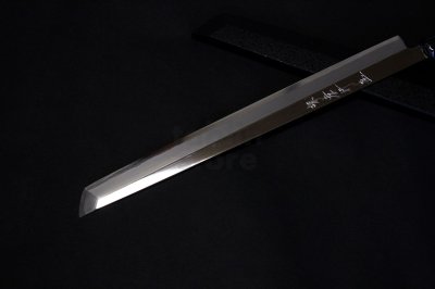 Photo2: SAKAI TAKAYUKI Limited Edition Ginsan Yasuki silver-3 steel Mirror Finish Ebony wood Kengata Sakimaru takohiki Sashimi knife 300mm