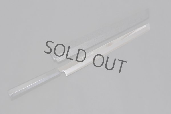 Photo2: SAKAI TAKAYUKI Limited Edition Ginsan Yasuki silver-3 steel Mirror Finish Ebony wood Kengata Sakimaru takohiki Sashimi knife 300mm (2)