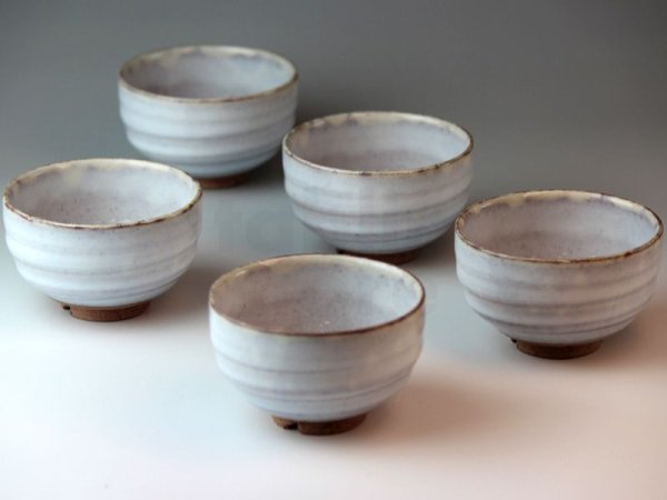 Photo1: Hagi ware Japanese pottery yunomi tea cups asagiri white glaze 230ml set of 5 (1)