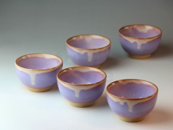Photo1: Hagi ware Japanese pottery yunomi tea cups kumidashi purple 130ml set of 5 (1)