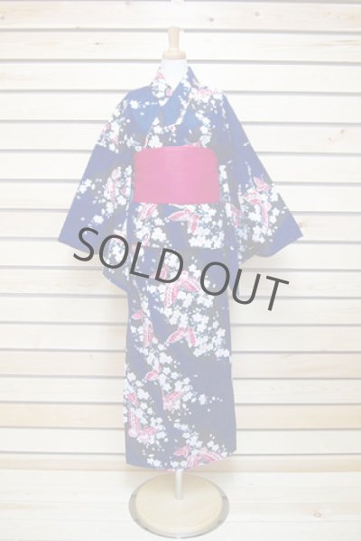 Photo2: Japanese Yukata women's Kimono sweet butterfly cotton 100% with obi band (2)