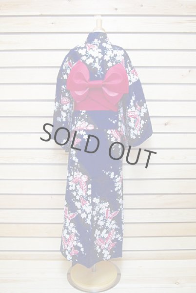Photo1: Japanese Yukata women's Kimono sweet butterfly cotton 100% with obi band (1)