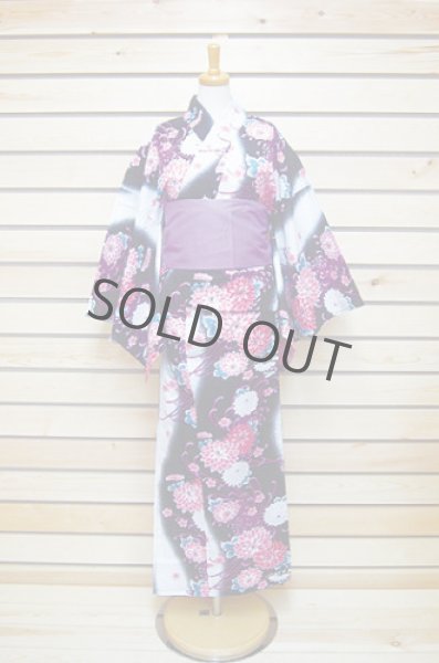 Photo2: Japanese Yukata women's Kimono sweet cotton 100% with obi band (2)