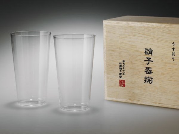 Photo1: Usuhari Shotoku Sake tumbler Bar Mug glass M w/wooden box 240ml set of 2 (1)