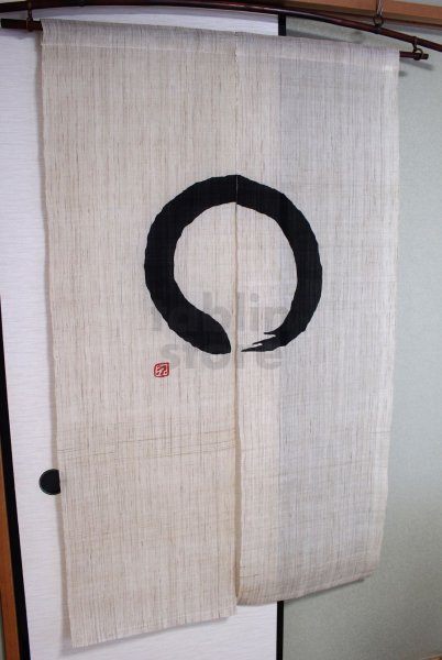 Photo1: Kyoto Noren SB Japanese batik linen door curtain enso black round 89 x 150cm (1)