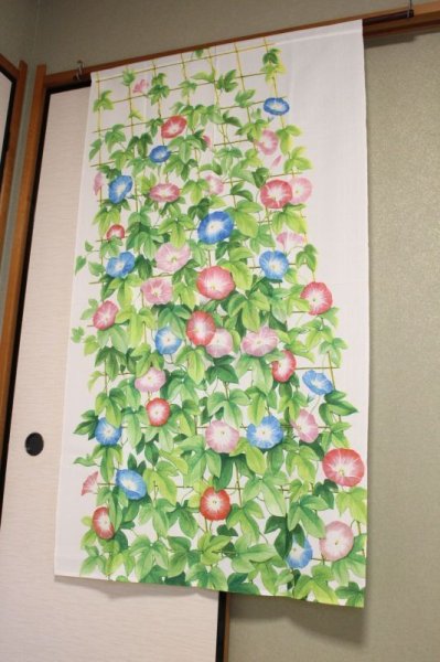 Photo1: Kyoto Noren MS Japanese door curtain Asagao Morning glory green 85 x 150cm (1)