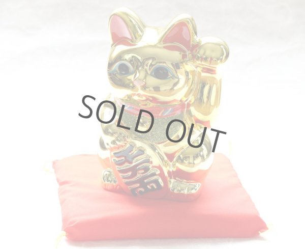 Photo1: Japanese Lucky Cat YT Tokoname ware Porcelain Maneki Neko Gold r cushion H18cm (1)