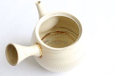 Photo1: Tokoname Japanese tea pot kyusu ceramic strainer Kenji nerikomi bi carved 360ml