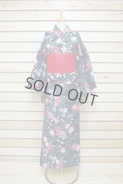 Photo1: Japanese Yukata women's Kimono sweet flower black cotton 100% with obi band (1)