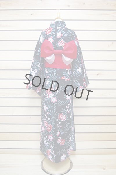 Photo2: Japanese Yukata women's Kimono sweet flower black cotton 100% with obi band (2)