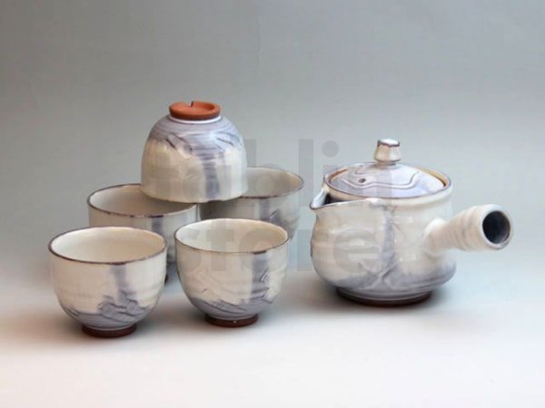 Photo1: Japanese tea pot cups set Hagi ware ajisai soroe pottery tea strainer 520ml (1)