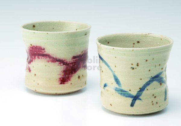 Photo1: Shigaraki wabe Japanese pottery sake cup tumbler blue wine-red 280ml set of 2 (1)