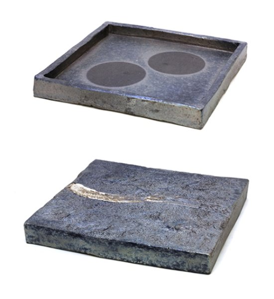 Photo4: Shigaraki pottery Japanese Serving plate black silver ginsai reversible 24.5cm (4)