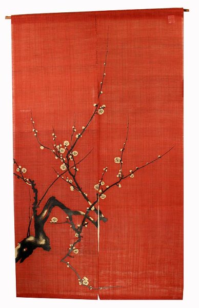 Photo1: Noren Japanese Doorway Curtain waza makie red plum Linen 88 x 150 cm (1)