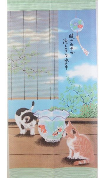 Photo1: Noren CSMO Japanese door curtain summer cats long 85 x 170 cm (1)