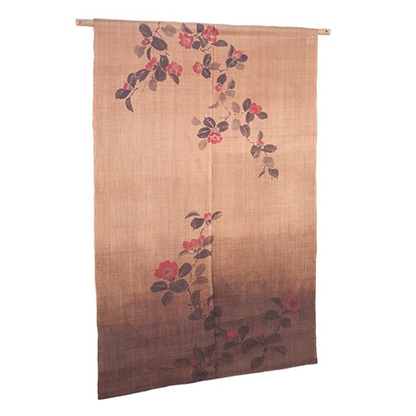 Photo1: Noren Mitsuru Japanese linen door curtain Kakishibu camellia 88 x 150cm (1)