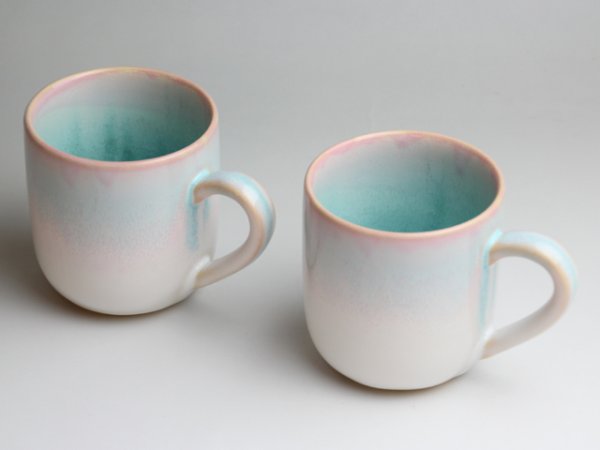 Photo3: Hagi Japanese pottery mug coffee cup mint pink-light-blue gradation set of 2 (3)