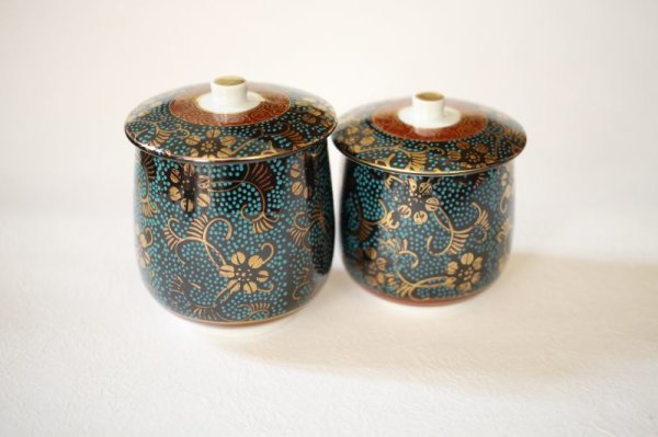 Photo1: Kutani porcelain Futatuki Yunomi kai blue gold aotibu Japanese tea cup (set of 2) (1)