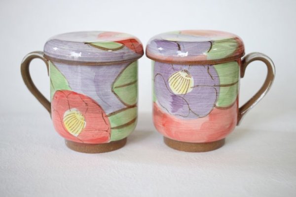 Photo13: Mino Japanese pottery mug tea coffee cup camellia with strainer and lids set of 2 (13)