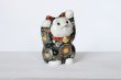 Photo1: Japanese Lucky Cat Kutani Porcelain Maneki Neko both hands up black mori H12cm (1)