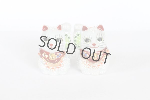 Photo11: Japanese Lucky Cat Kutani yaki ware Porcelain Maneki Neko nigo siro sakari pair (11)
