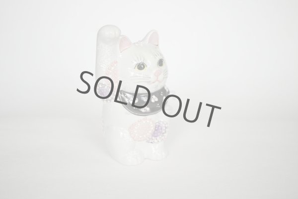 Photo6: Maneki Neko Japanese Lucky Cat Kutani Porcelain flower pink-purple H14cm (6)