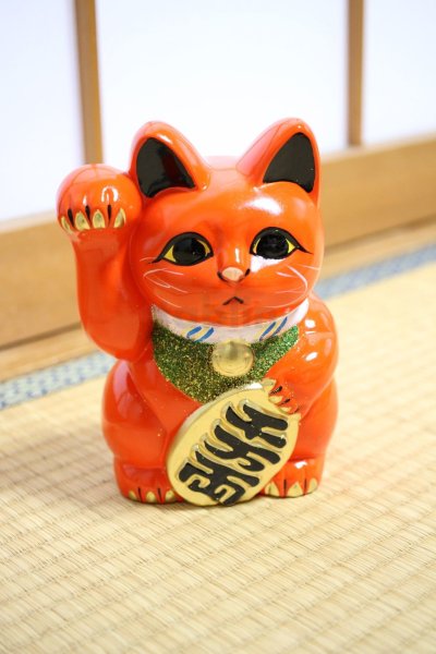 Photo9: Japanese Lucky Cat Tokoname ware YT Porcelain Maneki Neko koban right red H19cm (9)
