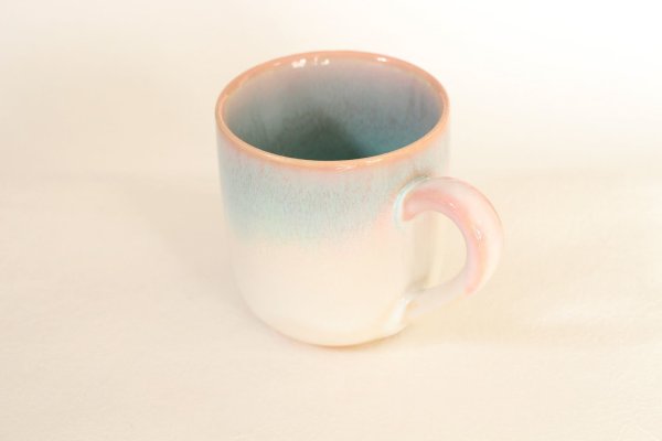 Photo9: Hagi Japanese pottery mug coffee cup mint pink-light-blue gradation set of 2 (9)