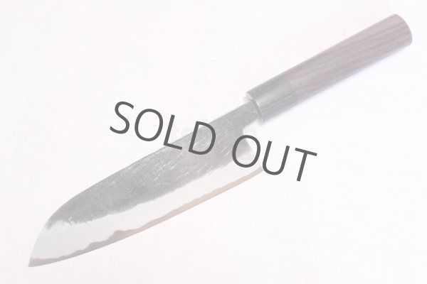 Photo12: Takayuki Iwai Blue 2 steel Ibuki Kurouchi black hammered finish Santoku knife 170mm (12)