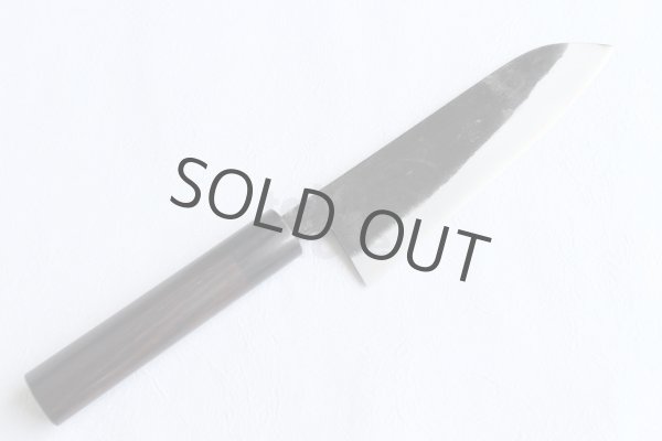 Photo2: Takayuki Iwai Blue 2 steel Ibuki Kurouchi black hammered finish Santoku knife 170mm (2)