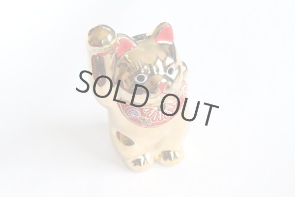 Photo1: Japanese Lucky Cat Kutani Porcelain Maneki Neko gold  kinnuri H 13.5cm (1)