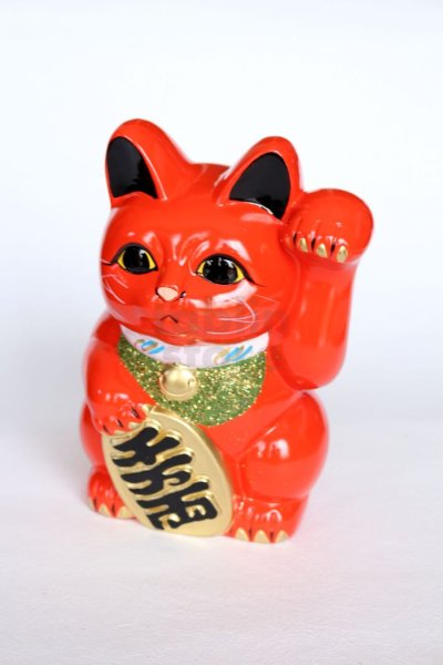 Photo5: Japanese Lucky Cat Tokoname ware YT Porcelain Maneki Neko koban left red H19cm (5)
