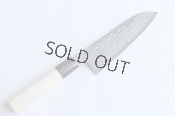 Photo11: Shigeki Tanaka Blue 2 steel Suminagashi Damascus Hand forged Santoku knife 165mm (11)