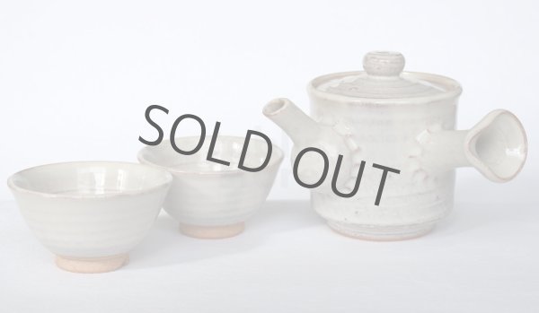 Photo2: Japanese tea pot cups set Hagi ware Hakuyu soroe pottery tea strainer 420ml (2)