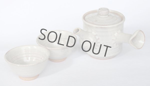 Photo1: Japanese tea pot cups set Hagi ware Hakuyu soroe pottery tea strainer 420ml (1)