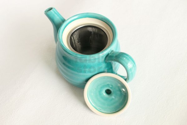 Photo3: Mino ware Japanese tea pot miyabi turquoise blue stainless tea strainer 540ml (3)