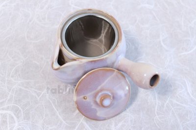 Photo1: Hagi ware Japanese tea pot cups set purple yu with stainless tea strainer 350ml