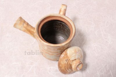 Photo1: Hagi yaki ware Japanese tea pot cups set Kama hen pottery tea strainer 430ml