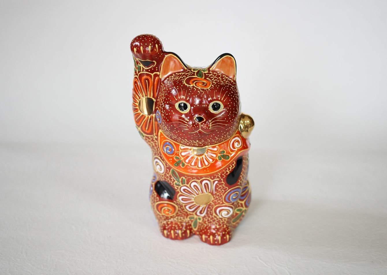 Japanese Lucky Cat Kutani Porcelain Maneki Neko yon mori H 14cm