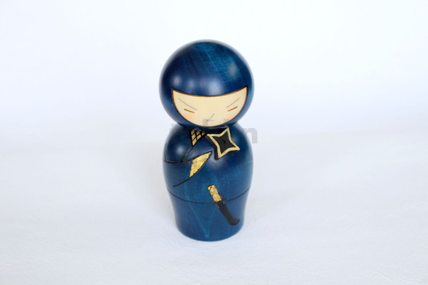 Japanese Usaburo Kokeshi Wood Doll Ninja Blue 130mm Folk Arts MADE IN JAPAN 