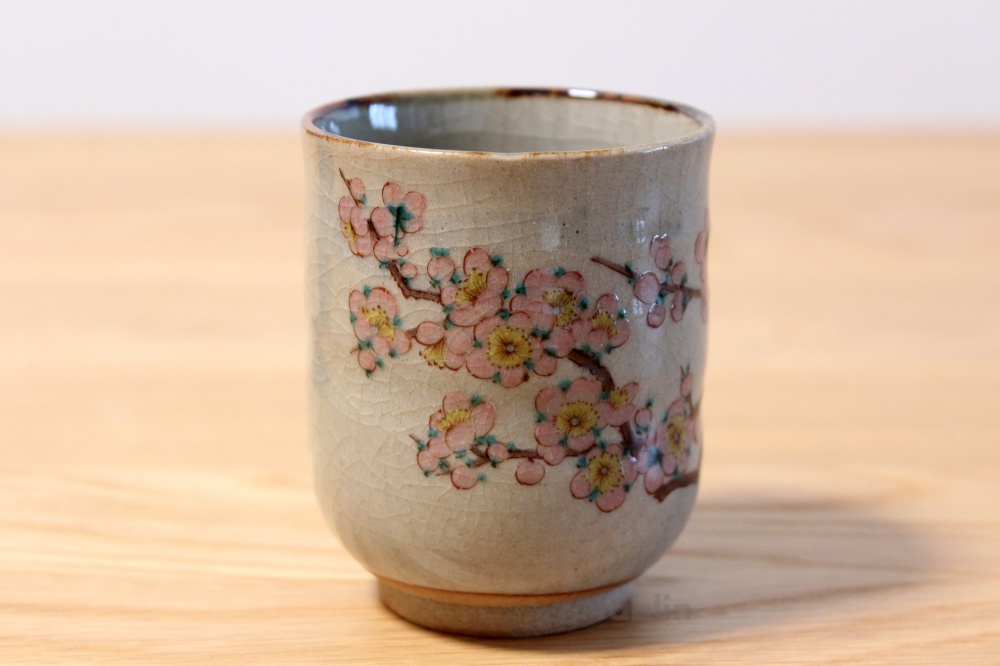 Yunomi Japanese Tea cup Kutani yaki ware Tsubaki camellia Hideyoshi Sakai w/box 